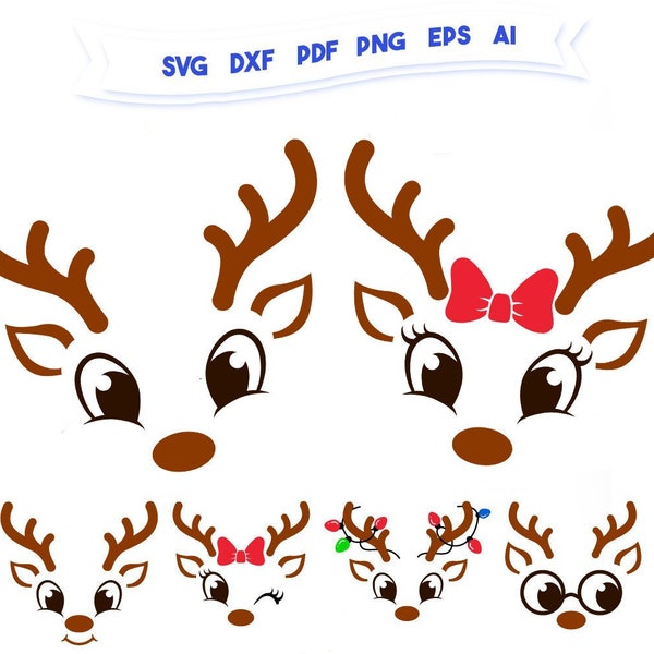 Caras de reno de Navidad SVG PNG paquete, niña reno SVG, niño reno svg, Navidad 2023 svg, linda cara de reno svg cricut