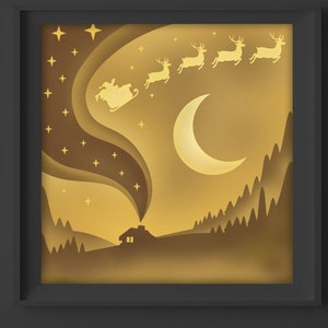 Weihnachtsabend 3D Szene SVG, Weihnachten Schatten Box SVG-Datei, Weihnachten Lightbox SVG, Weihnachten 3D Papier Schnitt Vorlage, geschichtete Rentier SVG