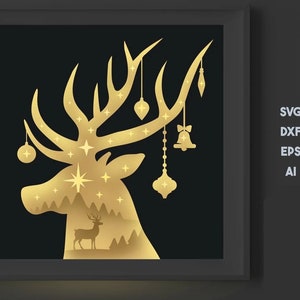Archivo SVG de caja de sombra navideña, Escena navideña SVG, Caja de luz navideña SVG, Recorte de papel 3D navideño, Caja de sombra de reno en capas