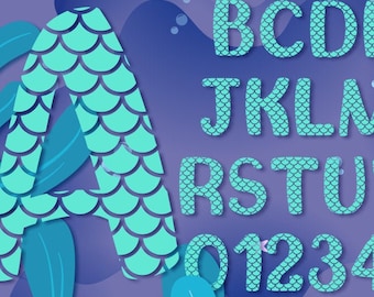 Polices, chiffres et lettres de l'alphabet SVG écailles de sirène (téléchargement numérique)