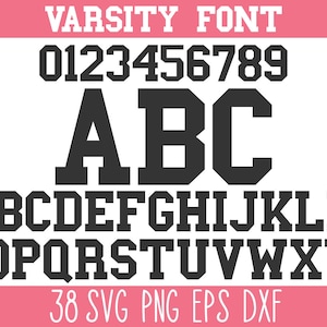 May include: A digital graphic displaying a varsity font set in black against a white background. The text includes the numbers 0 through 9, the uppercase alphabet from A to Z, and the labels VARSITY FONT, 38 SVG PNG EPS DXF, and Feya's Crafts.