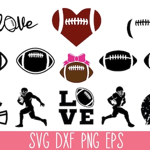 May include: A collection of digital graphic files featuring American football themes, including silhouettes of footballs, helmets, players in motion, a heart-shaped football, a football with a pink bow, and the text LOVE with a football icon.