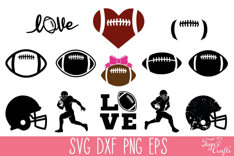 May include: A collection of digital graphic files featuring American football themes, including silhouettes of footballs, helmets, players in motion, a heart-shaped football, a football with a pink bow, and the text LOVE with a football icon.