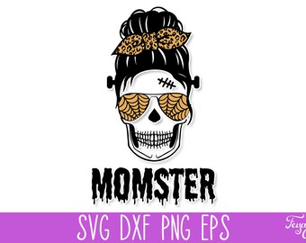 Momster Halloween SVG PNG, Momster Messy Bun SVG Monster, Archivo de corte Svg de mamá de calavera de Halloween, Lindo y divertido Halloween Svg Cricut, Svg espeluznante