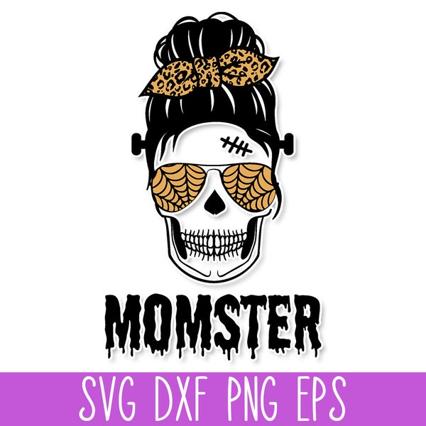 Momster Halloween SVG PNG, Momster Messy Bun SVG Monster, Halloween Skull Mom Svg Cut File, Cute Funny Halloween Svg Cricut, Spooky Svg