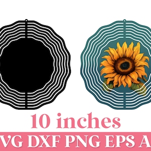 May include: A 10-inch metal sunflower wind spinner with a black and white design. The sunflower is yellow with a brown center and green leaves.
