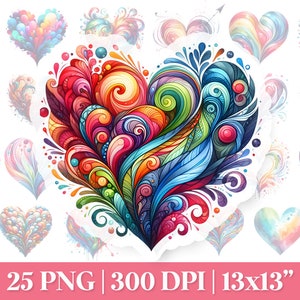 Aquarell Herzen PNG Pack, Valentinstag Aquarell Herzen PNG Sublimation, abstraktes Herz Clipart, künstlerisches Herz POD Clipart, Liebesherzen