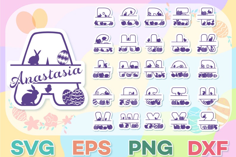 K&ouml;nnte beinhalten: Ein Satz von 26 Buchstaben des Alphabets mit einem geteilten Design, das Elemente zum Thema Ostern wie Hasen, K&uuml;ken, Eier und Blumen zeigt. Die Buchstaben sind in einem violetten Silhouettenstil gehalten und k&ouml;nnen f&uuml;r Basteln, Scrapbooking oder personalisierte Projekte verwendet werden.