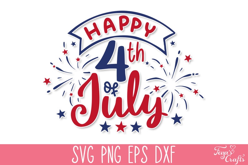 Peut inclure: Conception graphique rouge, blanc et bleu avec le texte "Happy 4th of July" dans une police festive. Le design pr&eacute;sente des feux d'artifice et des &eacute;toiles.