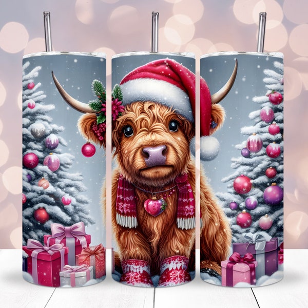 Christmas Highland Cow Tumbler Wrap PNG, Christmas Tumbler Wrap, 20oz 30oz Christmas Tumbler PNG, Tumbler Sublimation, Baby Highland Cow PNG