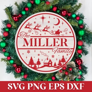 Christmas Family Name Sign SVG, Round Christmas Ornament SVG, Christmas Porch Sign SVG, Christmas Door Hanger Svg, Christmas Glowforge Svg