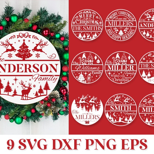 Signe de nom de famille de Noël SVG, Ornement de Noël rond SVG, Noël au SVG, Monogramme de porte de Noël SVG, Cintre de porte de Noël SVG