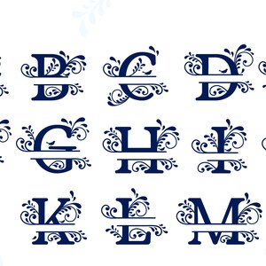 May include: A set of 13 split monogram letters A through M with decorative floral designs in navy blue. Each letter is split in half with a horizontal line.