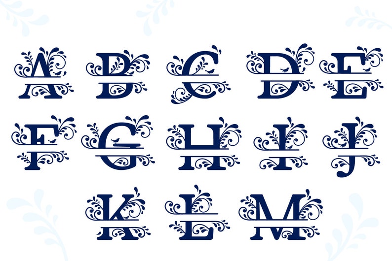 May include: A set of 13 split monogram letters A through M with decorative floral designs in navy blue. Each letter is split in half with a horizontal line.