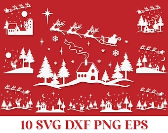 Christmas Scene SVG Png, Winter Scene SVG Png, Christmas in July Svg, Santa Reindeer SVG, Frohe Weihnachten Winterlandschaft Svg