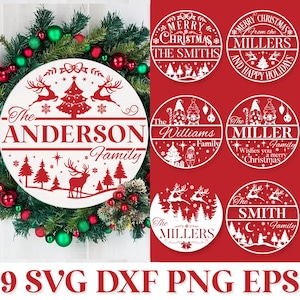 Placa de nome de Natal da família SVG, enfeite de Natal redondo SVG, Natal no SVG, monograma de porta de Natal SVG, cabide de porta de Natal SVG