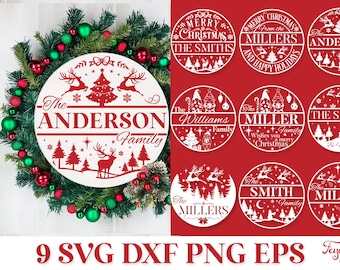 Round Family Christmas Name Sign SVG and PNG Files Pack