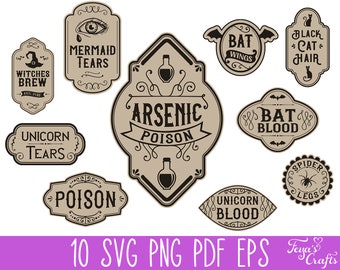 May include: Ten black and white Halloween potion bottle labels with various spooky text, including "Mermaid Tears", "Witches Brew", "Unicorn Tears", "Arsenic Poison", "Bat Wings", "Bat Blood", "Poison", "Unicorn Blood", "Black Cat Hair", and "Spider Legs".