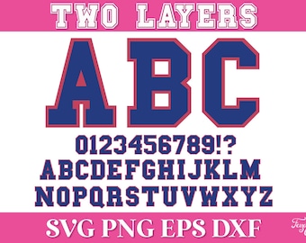 May include: Two-layer alphabet and number font in a navy blue and red color scheme. The letters and numbers are in a bold, blocky style, reminiscent of a college or sports team font. The text "TWO LAYERS" is at the top of the image, and the text "SVG PNG EPS DXF" is at the bottom of the image.