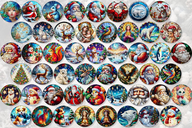 250 Round Stained Glass Christmas Ornaments PNG, Winter Scene