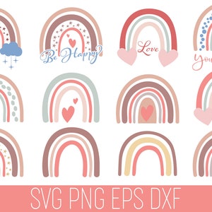 Pode incluir: Conjunto de 10 arquivos de corte SVG de arco-&iacute;ris com cora&ccedil;&otilde;es e texto. Os arco-&iacute;ris s&atilde;o de v&aacute;rias cores e padr&otilde;es, incluindo estrelas, pontos e cora&ccedil;&otilde;es. O texto inclui "Be Happy", "Love" e "You are Loved".