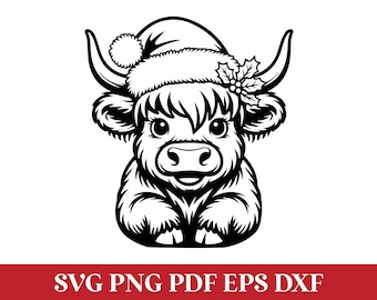 Christmas Highland Cow with Santa Hat SVG Cut File, Winter Highland Cow PNG Designs
