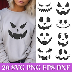 May include: A set of 10 black and white SVG files featuring different Halloween pumpkin face designs. The designs include a variety of expressions, such as smiling, frowning, and surprised. The files are perfect for creating Halloween crafts, decorations, and more.