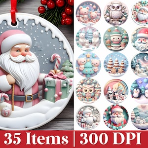 Ornamenti natalizi rotondi pastello 3D, ornamento 3D sublimazione PNG, ornamento di Babbo Natale rosa 3D, scena natalizia rotonda, famiglia di orsi di Natale PNG