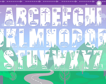 May include: White alphabet letters with a camping theme. Each letter is filled with images of a camper, tent, hot air balloon, mountains, stars, and clouds. The letters are set against a purple and blue gradient background with green mountains and a winding road in the foreground.