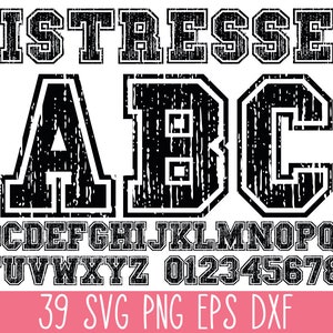 ディストレスト バーシティ フォント SVG、ディストレスト SVG アルファベット、フットボール SVG アルファベット、ディストレスト レター PNG、ディストレスト 数字 SVG、グランジ フォント
