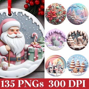 Adornos navideños redondos en colores pastel 3D, sublimación de adornos 3D PNG, adorno de Papá Noel rosa 3D, escena navideña redonda, linda Navidad familiar PNG