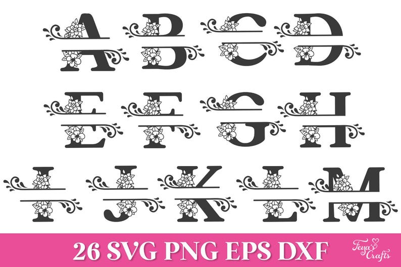 W/split Monogram Roses Floral Split Monogram SVG, Floral Split SVG Alphabet, Floral Letters ...