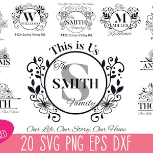Bundle famille monogramme Svg, sticker SVG de boîte aux lettres, nom de famille Svg, fichier de coupe monogramme de boîte aux lettres, adresse de boîte aux lettres fichiers SVG coupe pour Cricut
