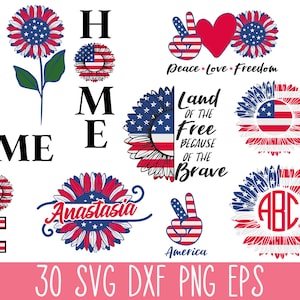 Puede incluir: Un conjunto de 30 archivos de corte digital con dise&ntilde;os patri&oacute;ticos en colores rojo, blanco y azul. Los dise&ntilde;os incluyen girasoles, signos de paz y texto como "Home", "Love", "America", "Land of the Free" y "Anastasia".
