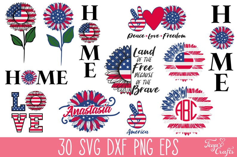 Puede incluir: Un conjunto de 30 archivos de corte digital con dise&ntilde;os patri&oacute;ticos en colores rojo, blanco y azul. Los dise&ntilde;os incluyen girasoles, signos de paz y texto como "Home", "Love", "America", "Land of the Free" y "Anastasia".