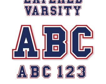 May include: A digital graphic featuring the text LAYERED VARSITY in dark blue with red outlines. Below are the letters A, B, and C in a large varsity font, followed by the characters ABC 123. The bottom text reads SVG PNG PDF EPS.