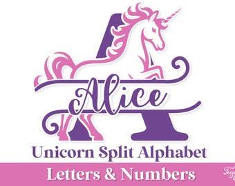 Puede incluir: Un diseño de alfabeto dividido de unicornio morado y rosa con el nombre "Alice" dentro de la letra "A". La imagen incluye el texto "Unicorn Split Alphabet Letters & Numbers".