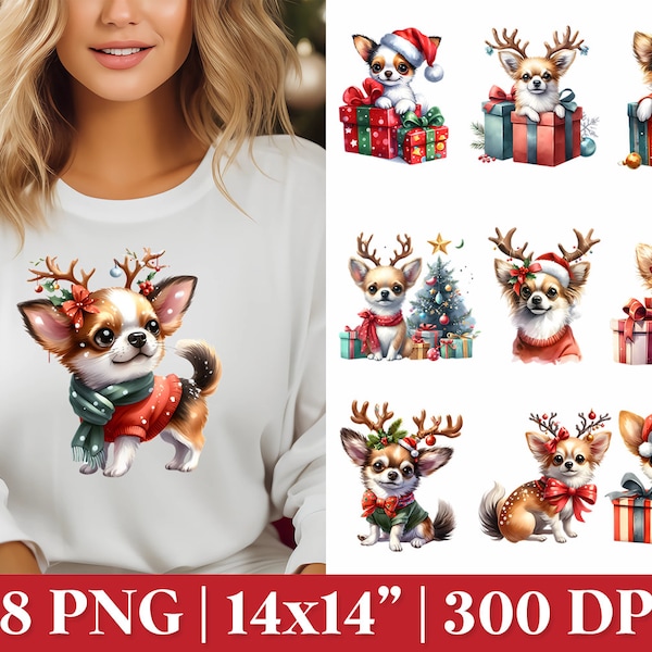 Christmas Chihuahuas Sublimation PNG, Reindeer Chihuahua Clipart, Peeking Chihuahua, Christmas Dog Shirt PNG, Watercolor Christmas Dogs