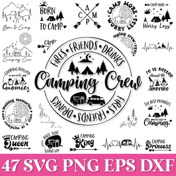 Paquete SVG de campamento, SVG de equipo de campamento, SVG de vida en el campamento, Svg de fogata, Svg de gnomos divertidos para acampar, Svg de campista feliz, Svg de planificador de campamento