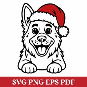 May include: A black and white illustration of a smiling dog wearing a red Santa hat. The dog has a happy expression with its tongue sticking out. The bottom of the image has the text "SVG PNG EPS PDF" in white letters on a red background.