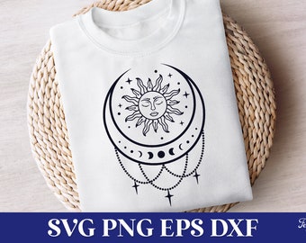 Mystical Sun and Moon SVG, Mystical and Celestial SVG Files, Mystical Boho Designs SVG, Sun and Moon Phase Svg, Mystical Clipart Png
