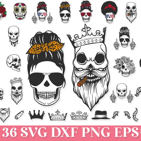 Tête de mort SVG fichiers Bundle, tête de mort SVG femmes hommes, roi tête de mort barbe SVG, Messy Bun tête de mort Svg Png, Dripping tête de mort Svg, Floral maman tête de mort Svg Clipart