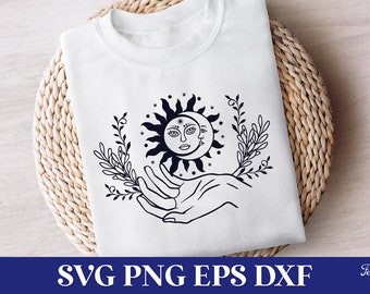 神秘的な太陽と月を手にした SVG、神秘的で天体の SVG ファイル、神秘的なボヘミアン デザイン SVG、太陽と月の位相 SVG、神秘的なクリップアート PNG