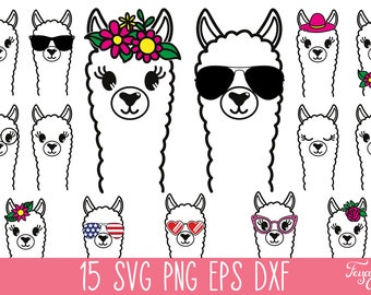 Peut inclure: Un ensemble de 15 fichiers de découpe SVG en noir et blanc représentant des illustrations de lamas. Les lamas portent divers accessoires, notamment des lunettes de soleil, des fleurs et des chapeaux. Le texte "15 SVG PNG EPS DXF" est en bas de l'image.