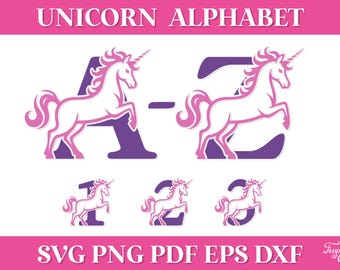 Puede incluir: Diseño digital de un alfabeto de unicornio. Las letras A, B, 1, 2 y 3 se muestran con un contorno púrpura y una ilustración de unicornio rosa. También se muestran las palabras "UNICORN ALPHABET" y las opciones de tipo de archivo.
