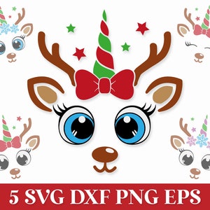 Weihnachten Rentier Einhorn SVG, Mädchen Rentier Gesicht SVG, Weihnachten Rentier Ornament SVG, Schneeflocke Einhorn SVG