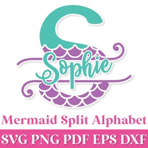 Può includere: Un design di alfabeto diviso a tema sirena, in verde acqua e viola, con il nome "Sophie" in corsivo. La lettera "S" è divisa con un motivo a scaglie di sirena. Il design include il testo "Mermaid Split Alphabet" e le opzioni di tipo di file.