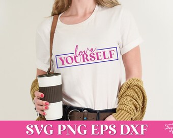 May include: A white t-shirt with the text "love YOURSELF" in a pink and blue rectangle.