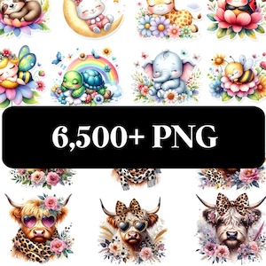 Bundle di oltre 6500 file PNG, disegni PNG per sublimazione di t-shirt, clipart PNG carine, cuori PNG ad acquerello, png avvolgente di tumbler, clipart di unicorno