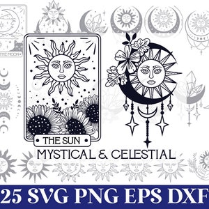 Paquete SVG místico y celestial, diseños boho místicos SVG, arte de fases del sol y la luna SVG, clipart místico y celestial Png, tarot Svg